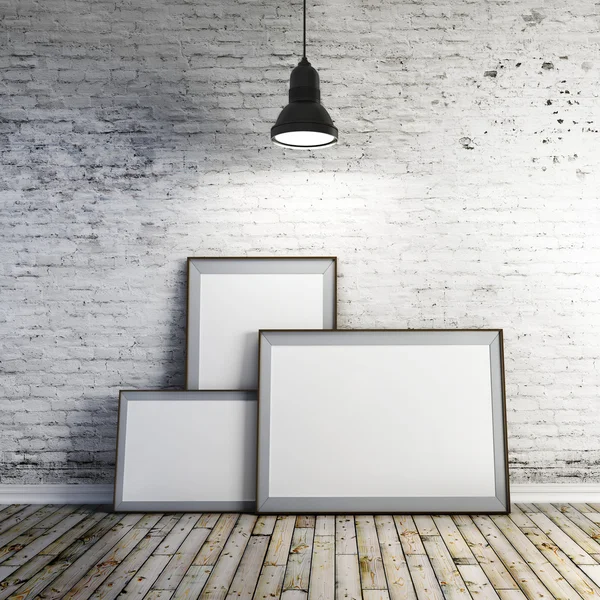 3D prázdné rámečky na bílém vinobraní cihlová zeď — Stockfoto