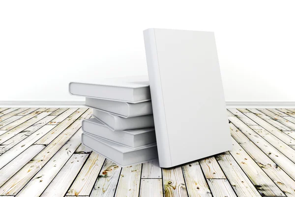 Libri 3d con copertine in bianco sul pavimento in legno — Foto Stock