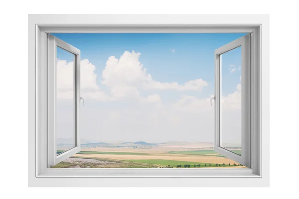 3d cornice della finestra con bellissimo sfondo cielo blu — Foto Stock