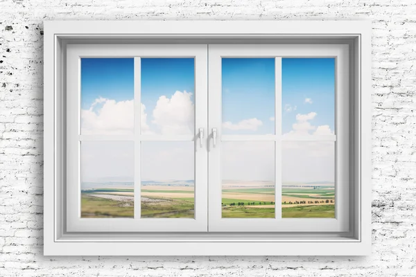 3D rámeček okna s krásnou modrou oblohou na pozadí — Stock fotografie