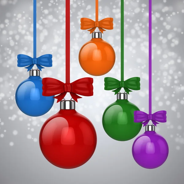 3d Christmas ball ornaments with red ribbon and bows, background — Stock Photo, Image