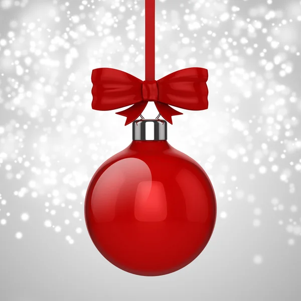 3D-Kerstmis bal ornamenten met rood lint en bogen, achtergrond — Stockfoto