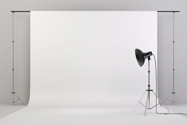 3D studio setup με φώτα και λευκό φόντο — Φωτογραφία Αρχείου