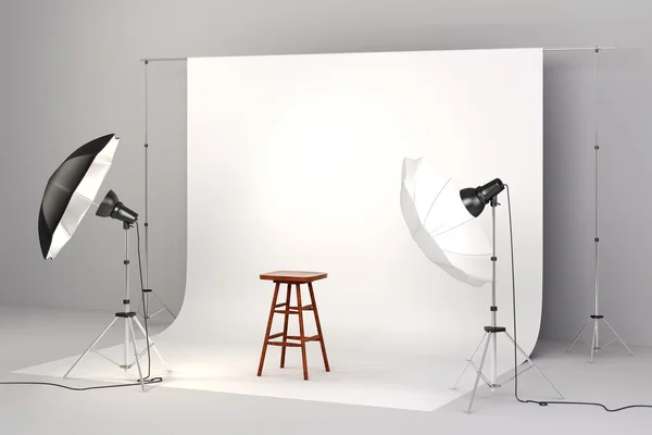 Instalação de estúdio 3d com luzes e fundo branco — Fotografia de Stock