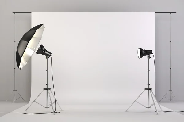 3D studio setup με φώτα και λευκό φόντο — Φωτογραφία Αρχείου