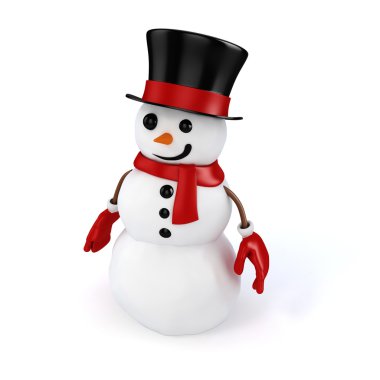 Beyaz arka plan üzerinde santa şapka ve kırmızı eldivenli 3D mutlu kardan adam