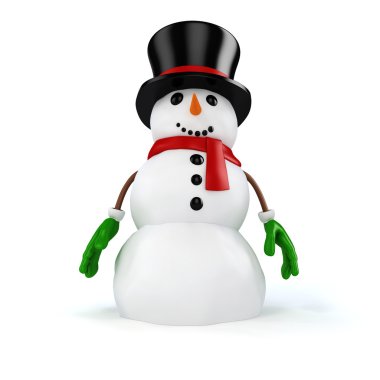 Beyaz arka plan üzerinde santa şapka ve kırmızı eldivenli 3D mutlu kardan adam