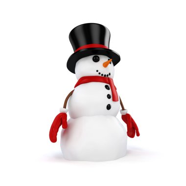 Beyaz arka plan üzerinde santa şapka ve kırmızı eldivenli 3D mutlu kardan adam