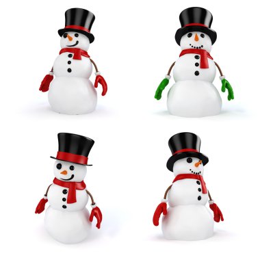 Beyaz arka plan üzerinde santa şapka ve kırmızı eldivenli 3D mutlu kardan adam