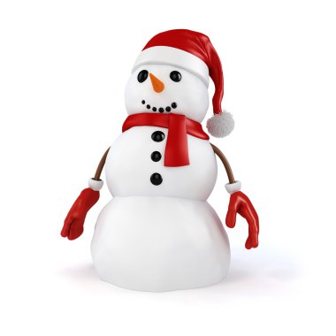 Beyaz arka plan üzerinde santa şapka ve kırmızı eldivenli 3D mutlu kardan adam