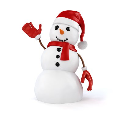 Beyaz arka plan üzerinde santa şapka ve kırmızı eldivenli 3D mutlu kardan adam