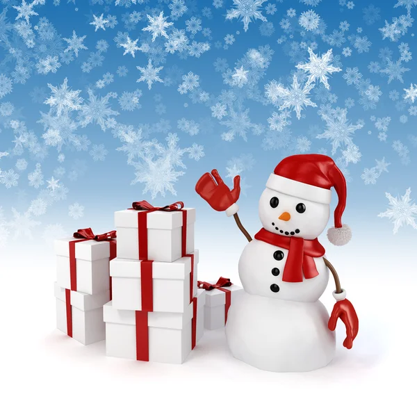 3d happy snowman and presents with snowflakes background — Stock Photo, Image