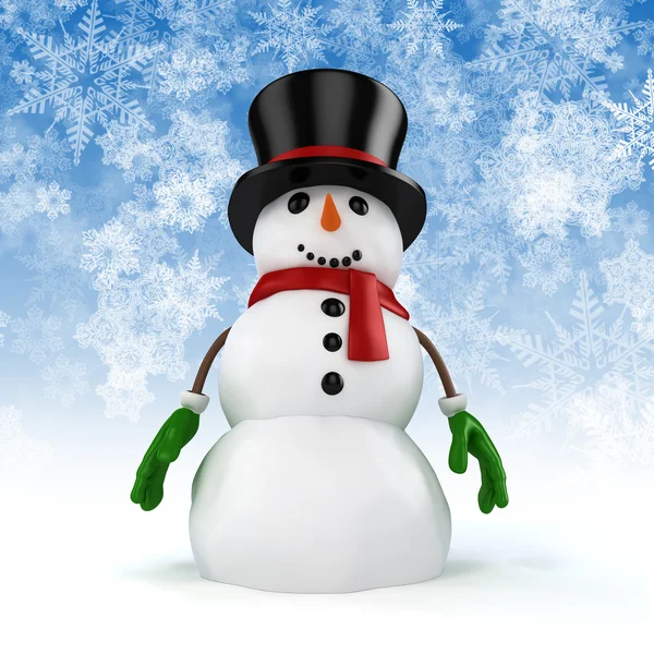 3d feliz boneco de neve e presentes com flocos de neve fundo — Fotografia de Stock