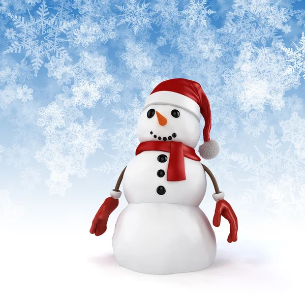 3d feliz boneco de neve e presentes com flocos de neve fundo — Fotografia de Stock