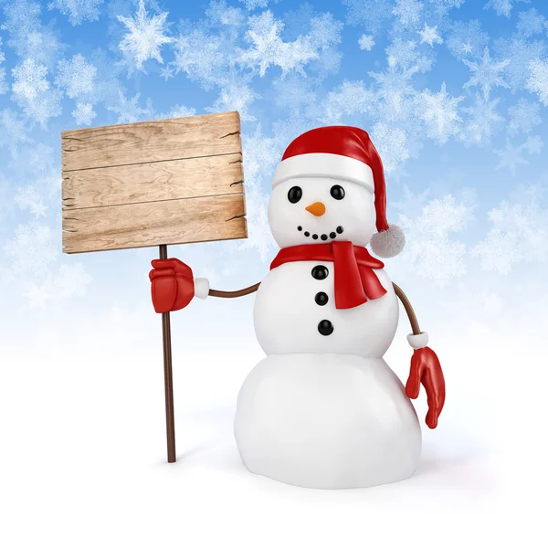 3d muñeco de nieve feliz sosteniendo un cartel de madera sobre el fondo de los copos de nieve — Foto de Stock