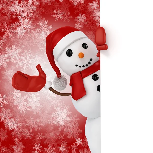 3d feliz boneco de neve com santa chapéu atrás de uma placa em branco no fundo flocos de neve — Fotografia de Stock