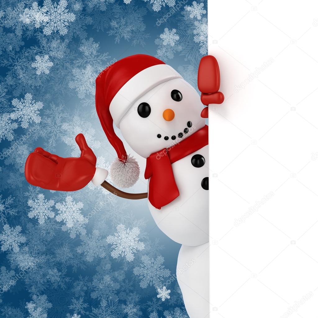 3d happy snowman with santa hat behind a blank board  on snowflakes background