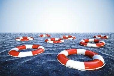 3D hayat şamandıralar ve mavi gökyüzü arka plan ile mavi okyanus