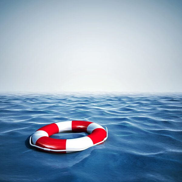 3D спасательные буи и голубой океан на голубом фоне неба

