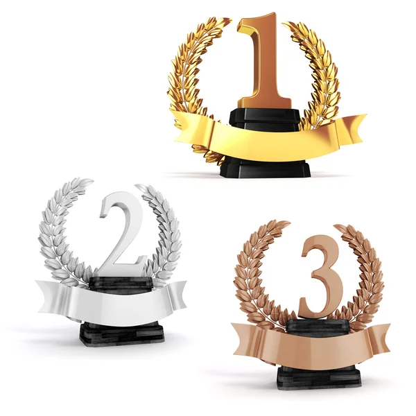 3D zlato, stříbro a bronz trophy na bílém pozadí — Stock fotografie