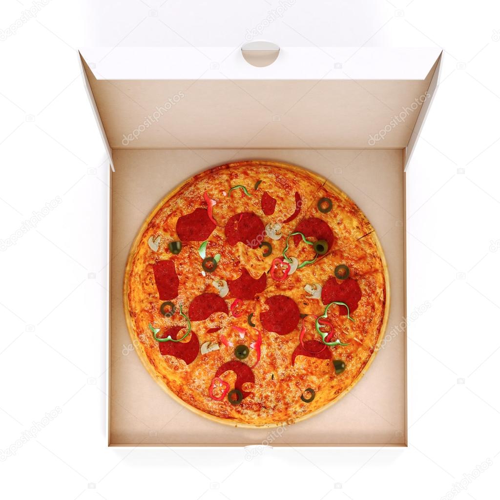 3d render of delicious pizza and box on white background