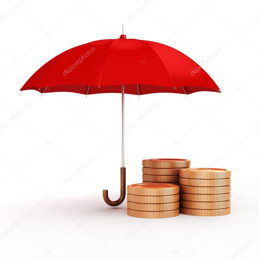 3d umbrella and gold coins, financial savings concept