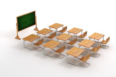 3D okul masası ve beyaz arka planda sandalye.