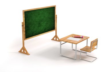 3D okul masası ve beyaz arka planda sandalye.