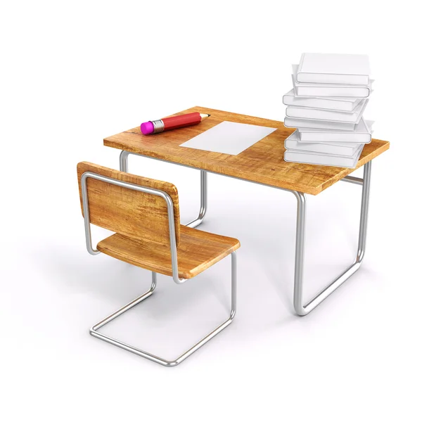 Bureau de l'école 3d et chaise sur fond blanc — Photo