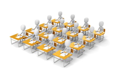 3D adam öğrenci sınıfta beyaz arka plan üzerinde