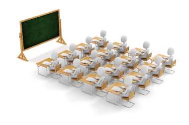 3D adam öğrenci sınıfta beyaz arka plan üzerinde