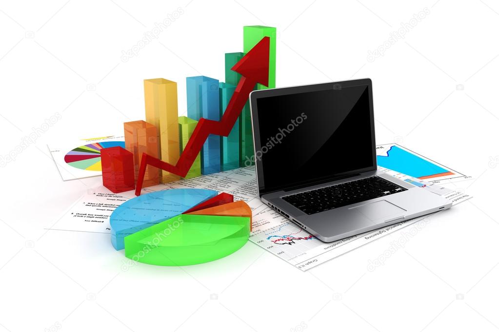 3d laptop and business elements on white background