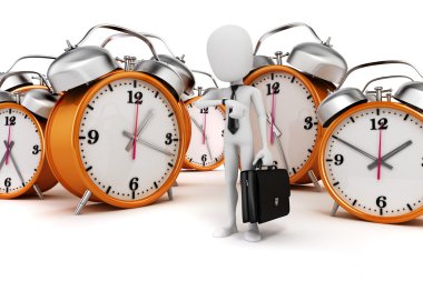 3D adam işadamı ve beyaz arka plan üzerinde korku masa saati