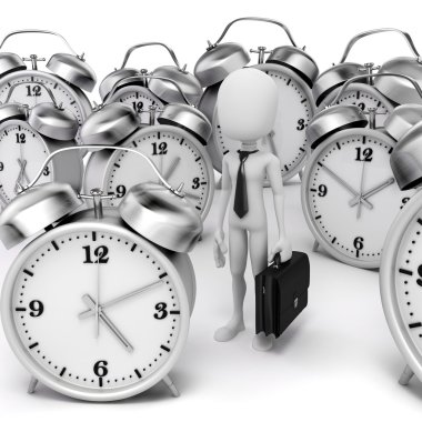 3D adam işadamı ve beyaz arka plan üzerinde korku masa saati