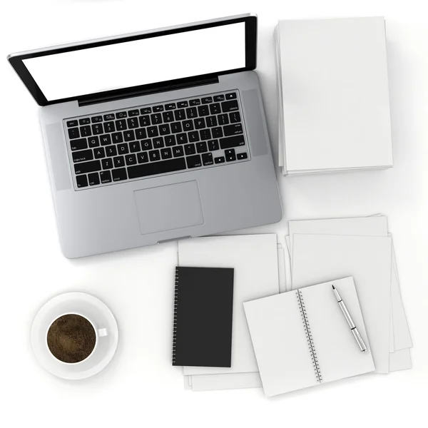 3d top view of an office desk with laptop and documents — Stock Photo, Image