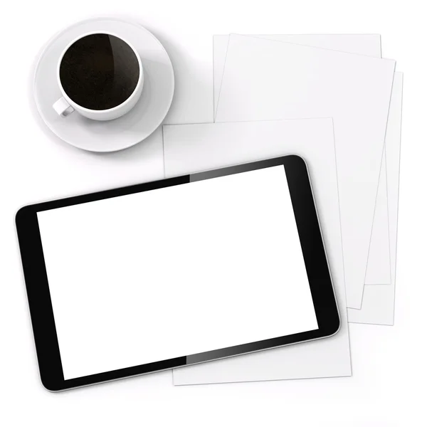 Configuração de local de trabalho 3d com tablet digital e documentos — Fotografia de Stock