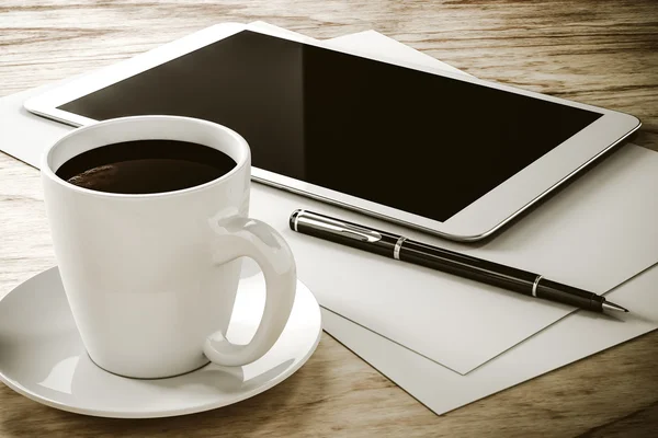 3d top view of an office desk with laptop and documents — Stock Photo, Image