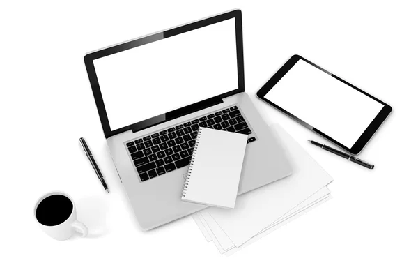 3d top view of an office desk with laptop and documents — Stock Photo, Image