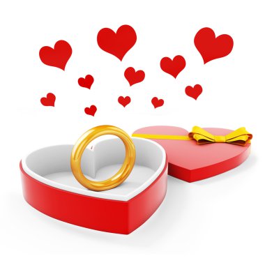 3D kalp şekli kutu ve beyaz arka plan üzerinde yay