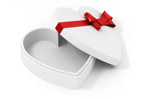 3d scatola a forma di cuore e fiocco su sfondo bianco — Foto Stock