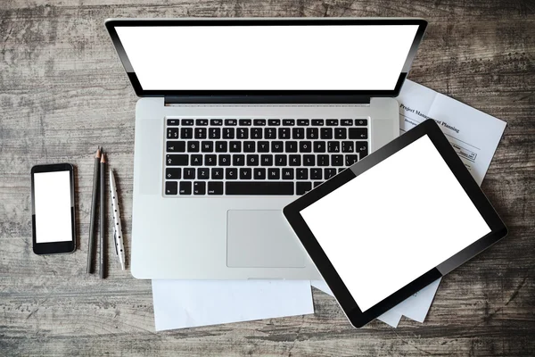 Top view of work place with laptop and documents — Stock Photo, Image