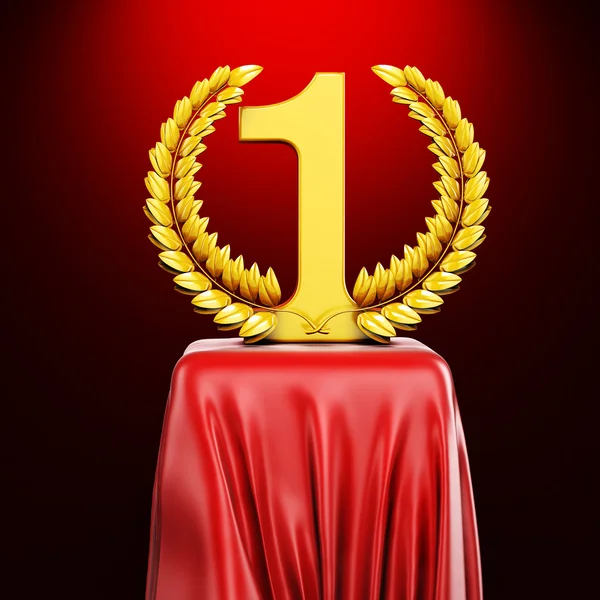 3d gold trophy on red silk pedestal — Stock Photo, Image