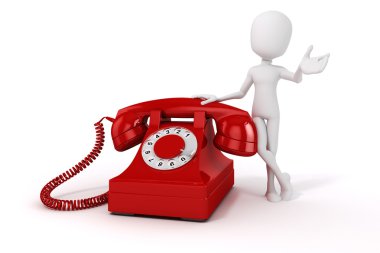 3D adam ve beyaz arka plan üzerinde vintage kırmızı telefon