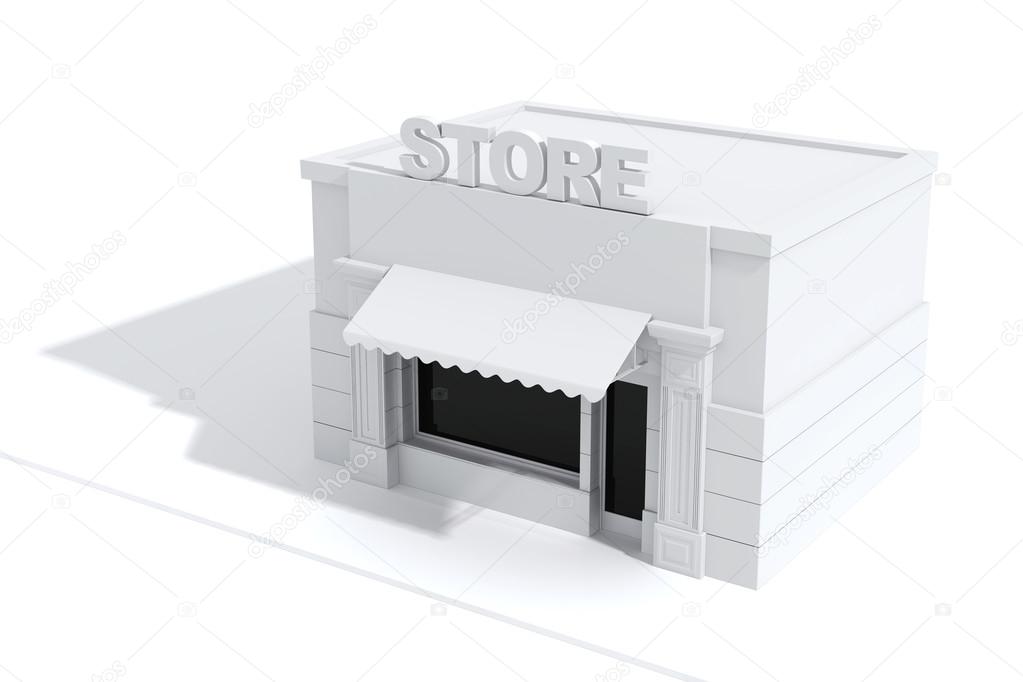 3d store shop front with big windows on white