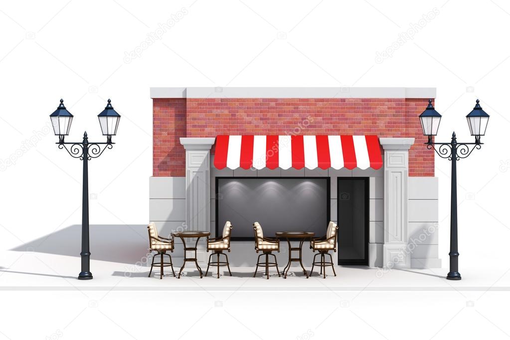 3d store shop front with big windows on white