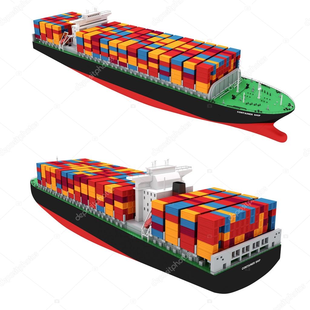 3d cargo container ship on white background