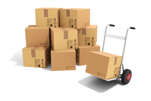 3d camión de mano y cajas de cartón sobre fondo blanco —  Fotos de Stock