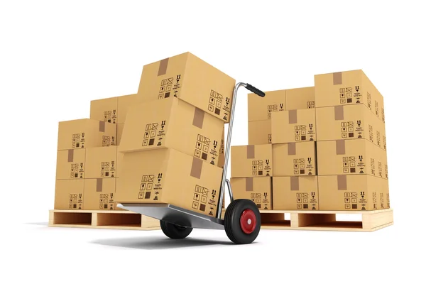 3D ручной грузовик и картонные коробки на белом фоне — стоковое фото