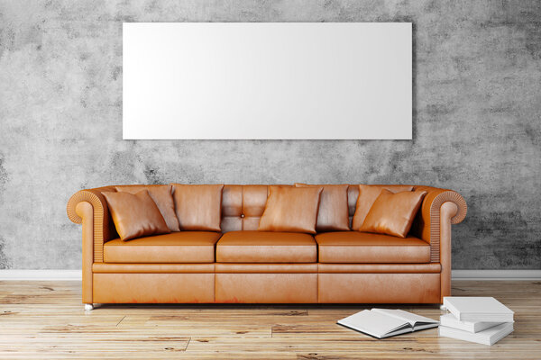 3d interior setup with couch and blank poster