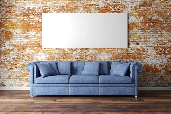 3d configuración interior con sofá y póster en blanco —  Fotos de Stock